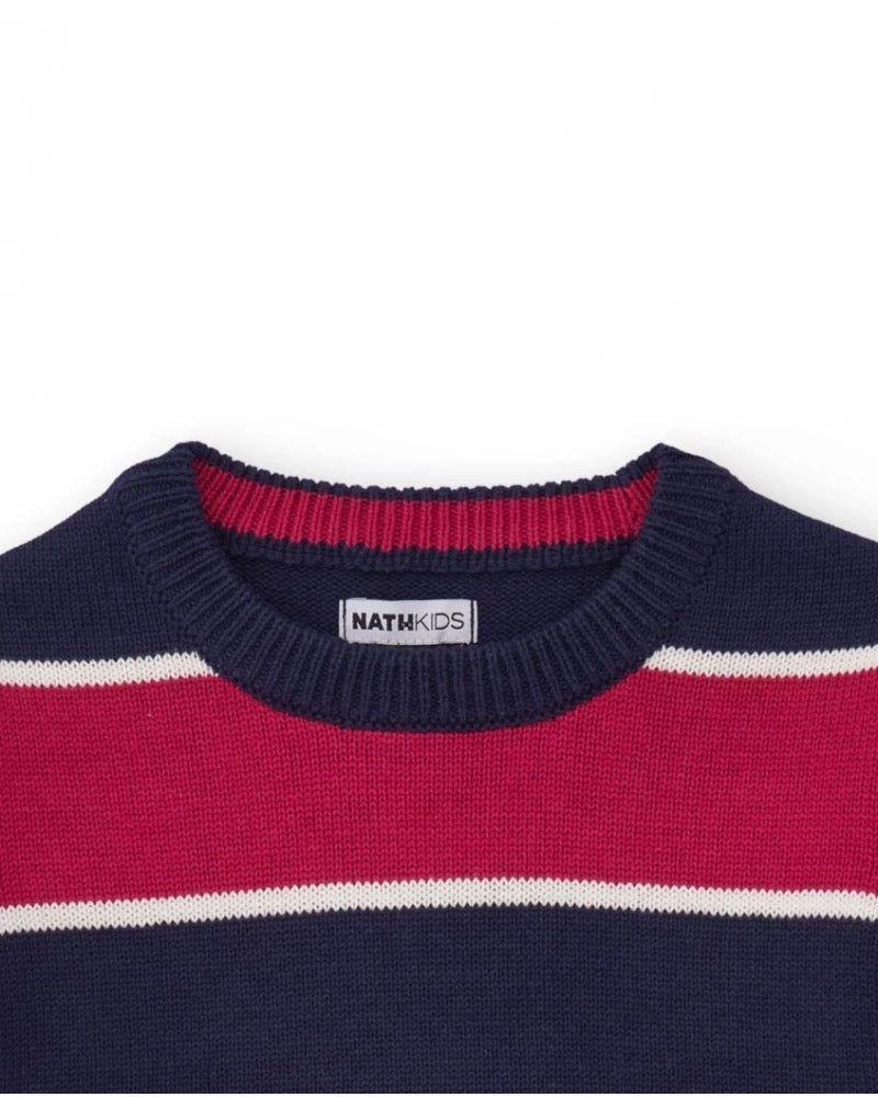 Striped sweater for boys in navy blue and red with decorative patch