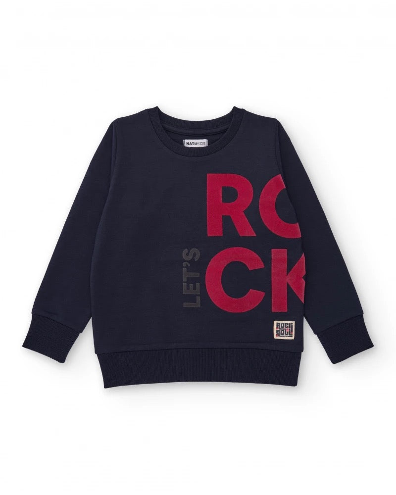 Navy blue sweatshirt with contrasting "LET'S ROCK" print