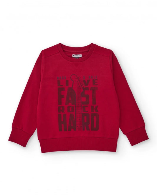 Red sweatshirt for boys with guitar print and rock message