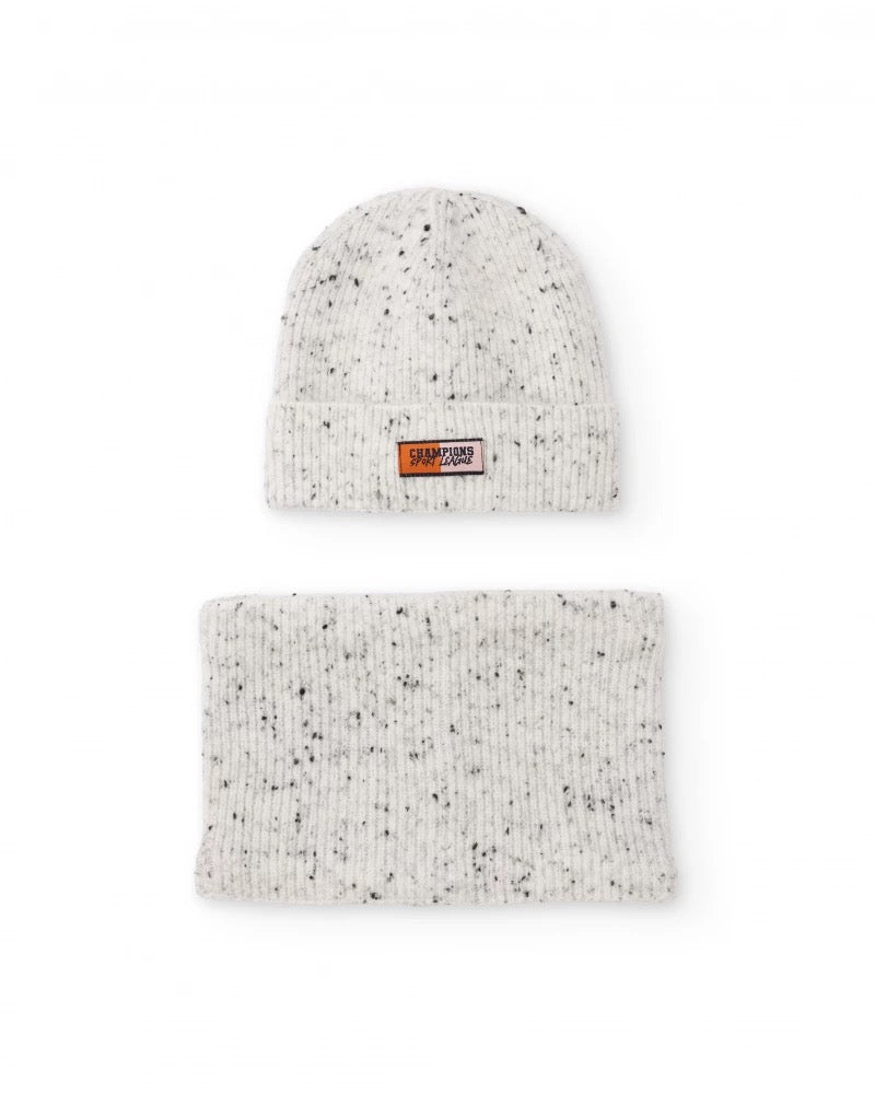 Boys’ light grey marl knit hat and neck warmer set