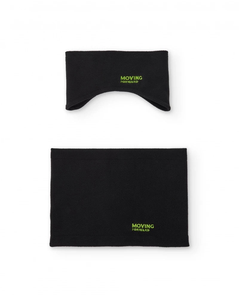 Boys’ black fleece headband and neck warmer set with fluorescent slogan
