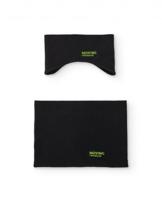 Boys’ black fleece headband and neck warmer set with fluorescent slogan