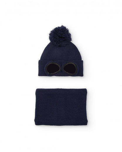 Boys’ navy knit hat with pompom and matching neck warmer set