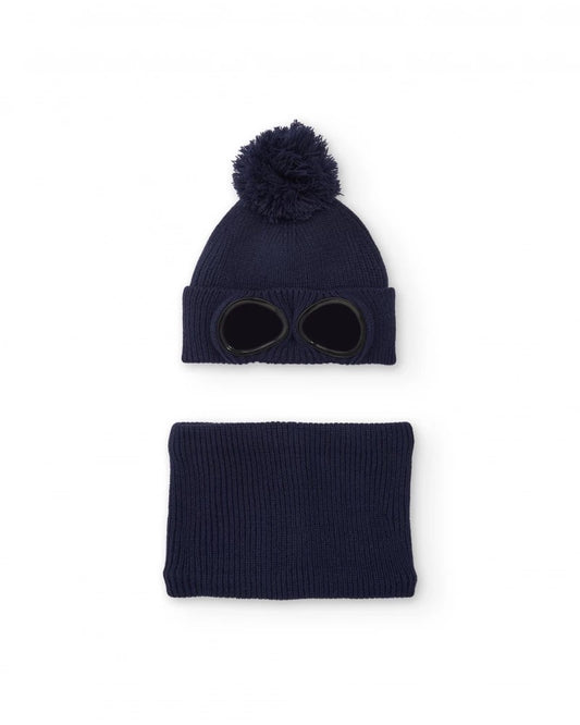 Boys’ navy knit hat with pompom and matching neck warmer set