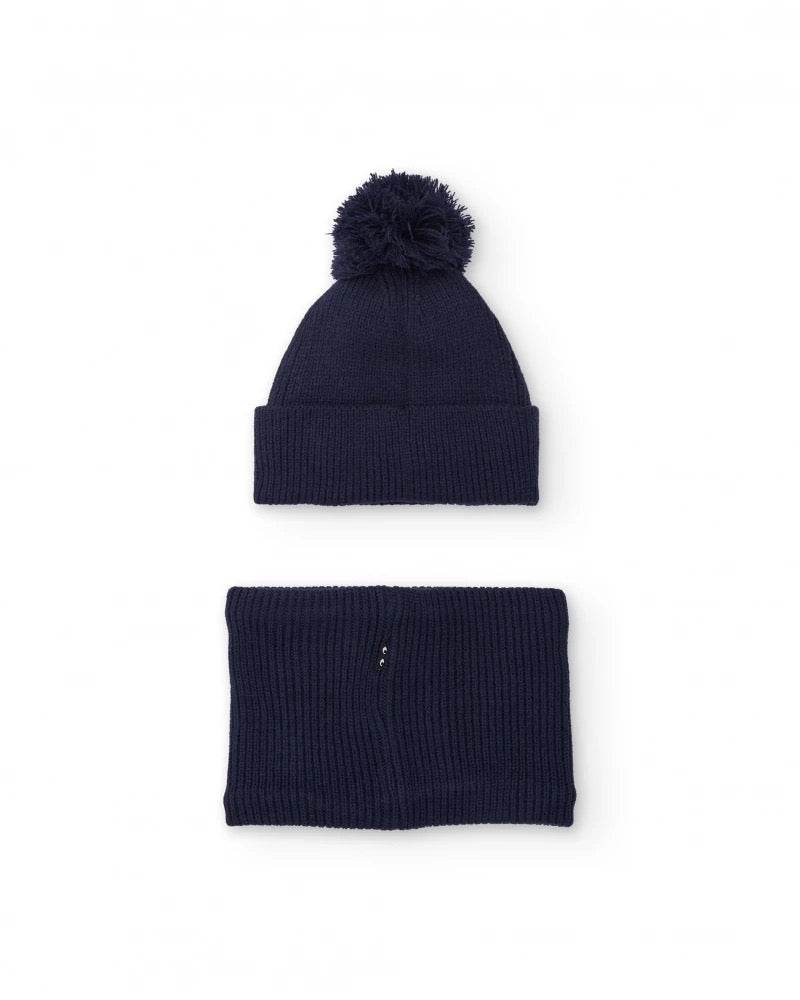 Boys’ navy knit hat with pompom and matching neck warmer set