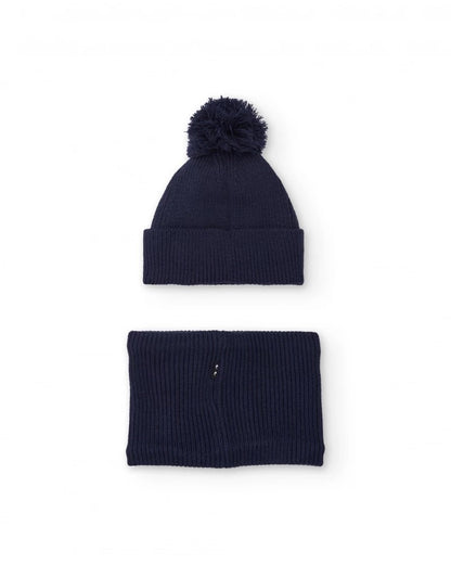 Boys’ navy knit hat with pompom and matching neck warmer set