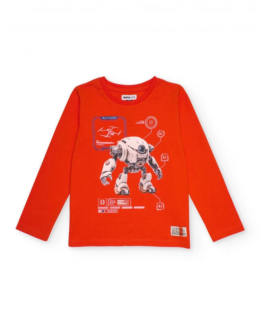 Long sleeve orange t-shirt for boys with robot print