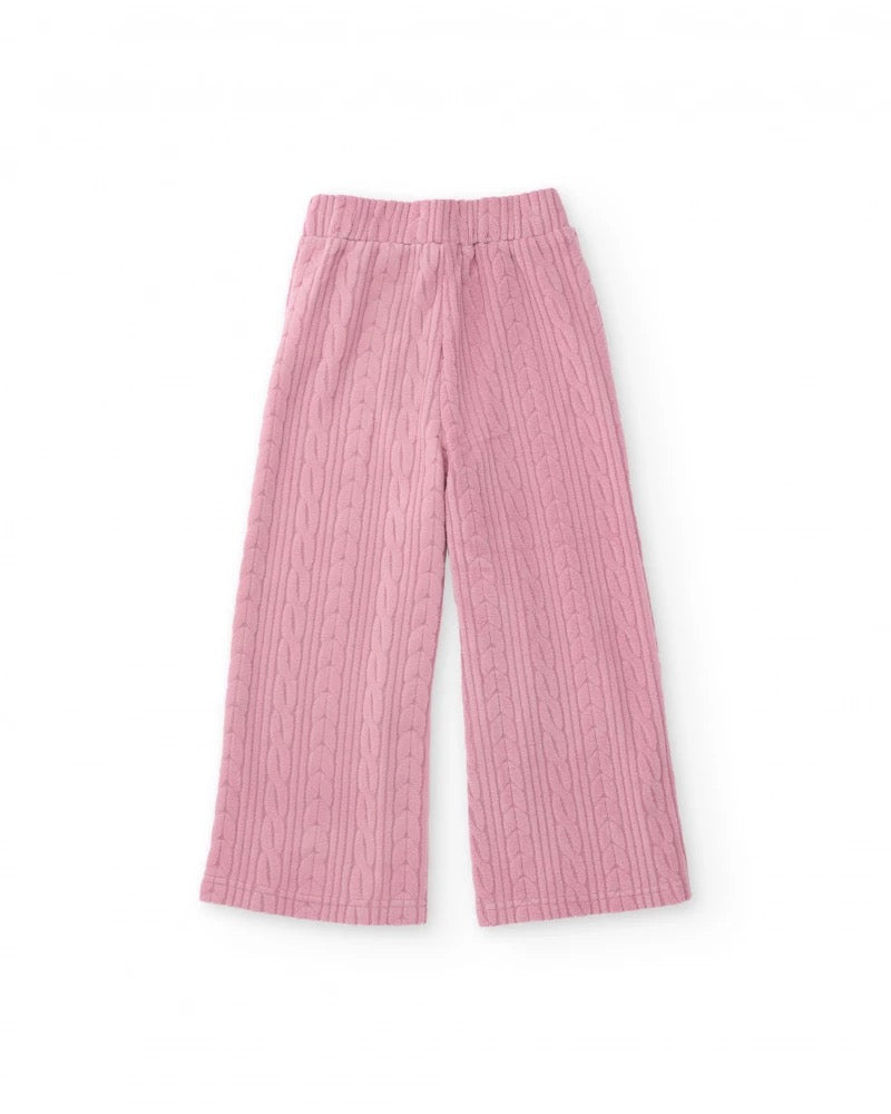 Girls’ long trousers in pink with cable knit and elastic waistband