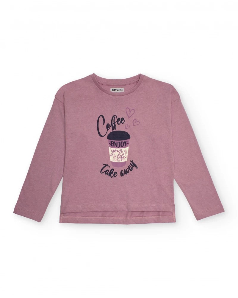 Long-sleeve pink t-shirt with coffee cup print