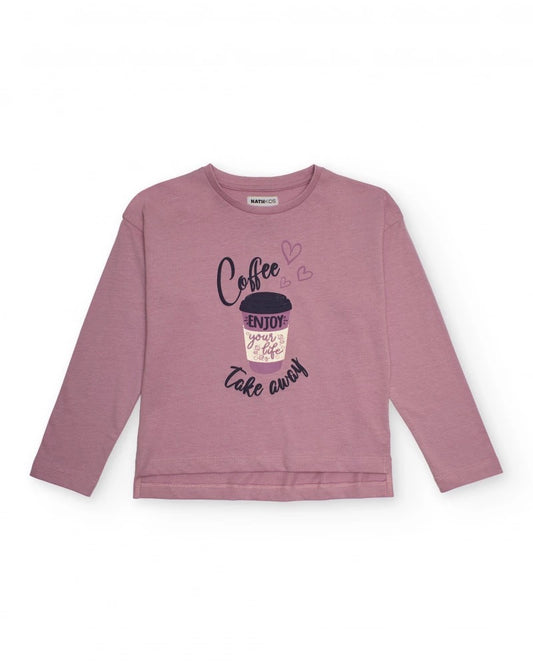 Long-sleeve pink t-shirt with coffee cup print
