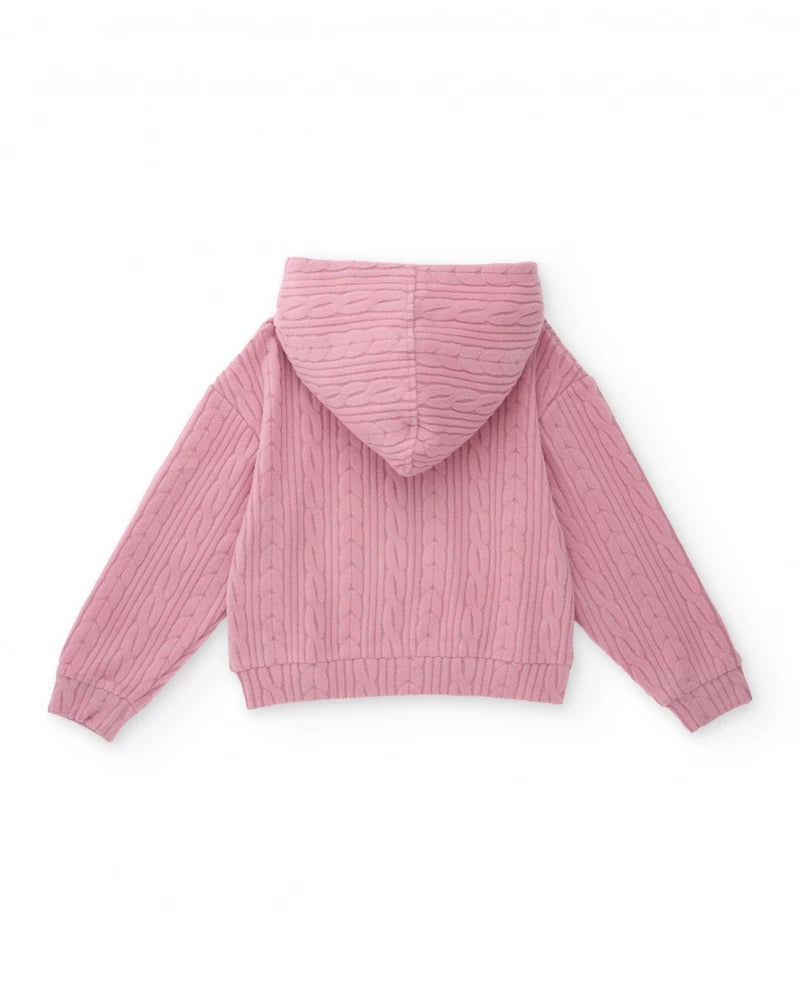 Girls’ pink hoodie with cable knit texture