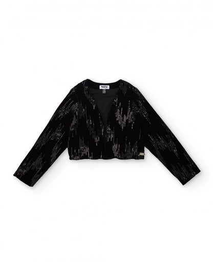 Girls’ short black velvet jacket with sequin details