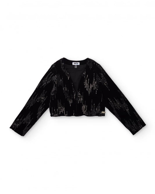 Girls’ short black velvet jacket with sequin details
