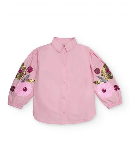 Pink shirt for girls with floral embroidery on sleeves
