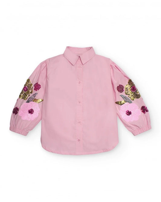 Pink shirt for girls with floral embroidery on sleeves