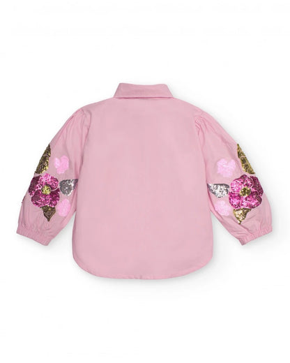Pink shirt for girls with floral embroidery on sleeves
