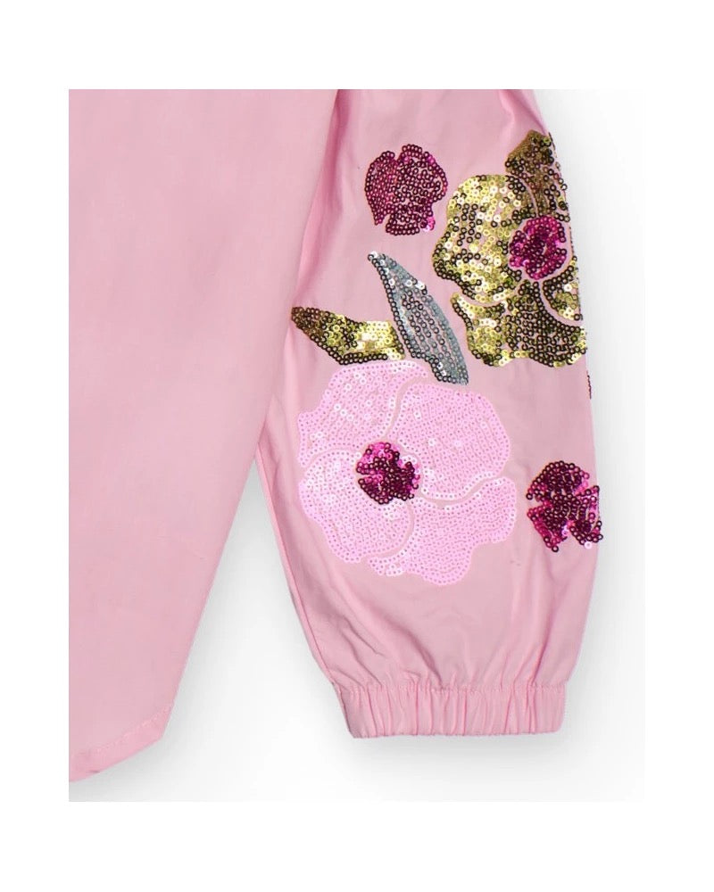Pink shirt for girls with floral embroidery on sleeves