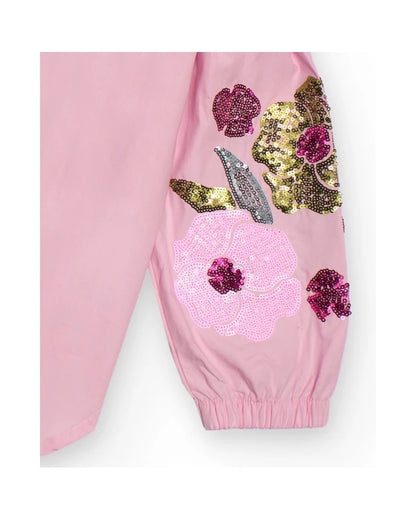 Pink shirt for girls with floral embroidery on sleeves