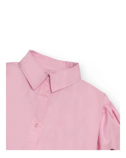 Pink shirt for girls with floral embroidery on sleeves