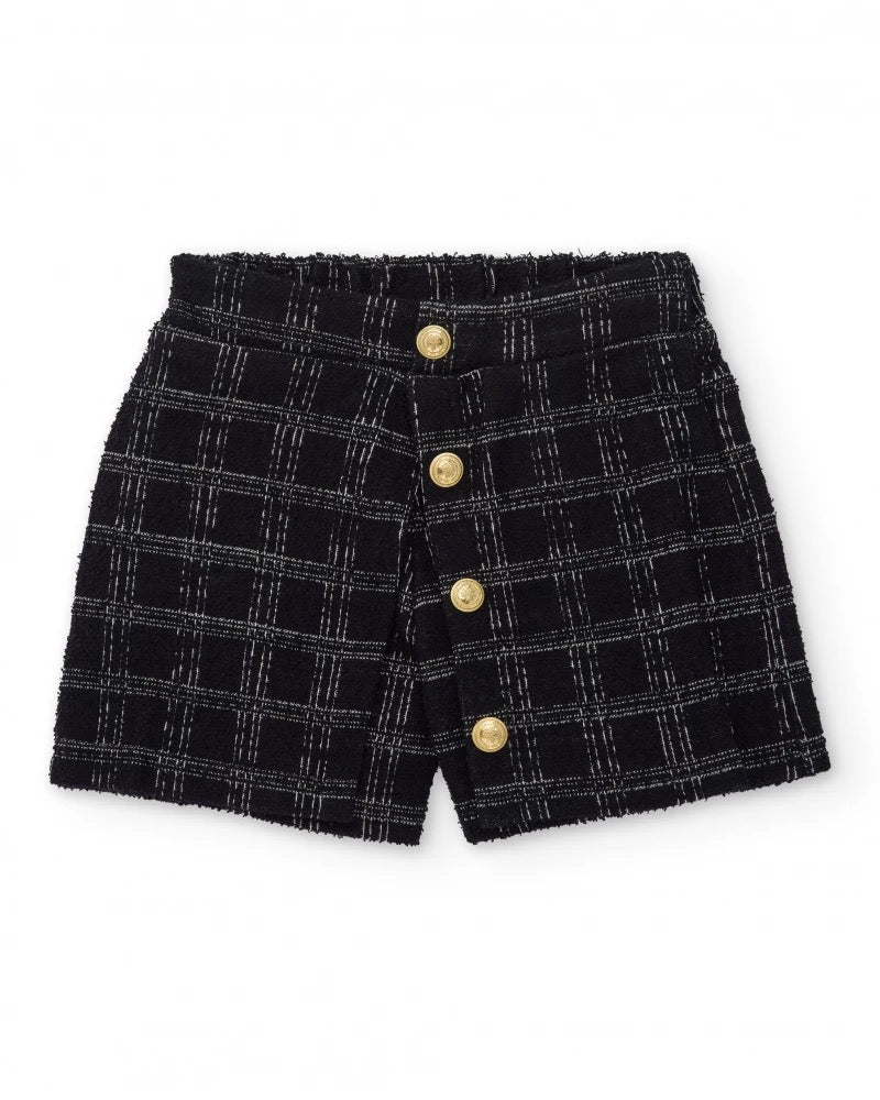Girls’ black tweed shorts with checks and gold buttons