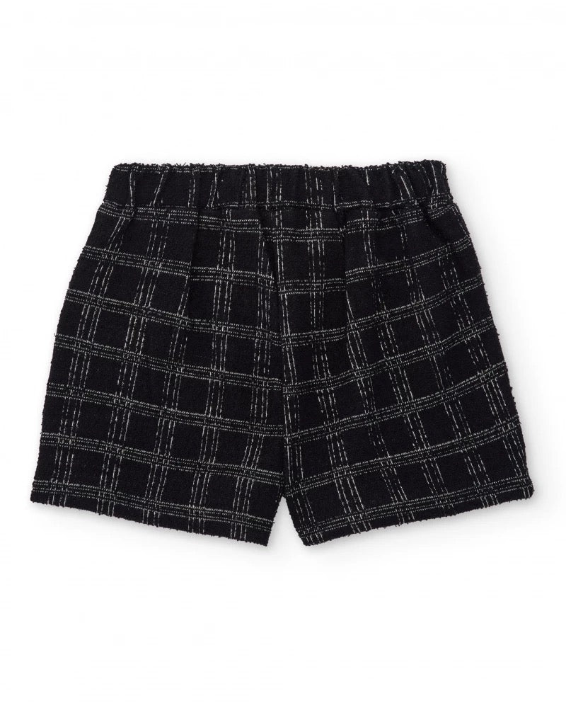 Girls’ black tweed shorts with checks and gold buttons