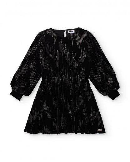Girls’ black velvet dress with sequins and long sleeves