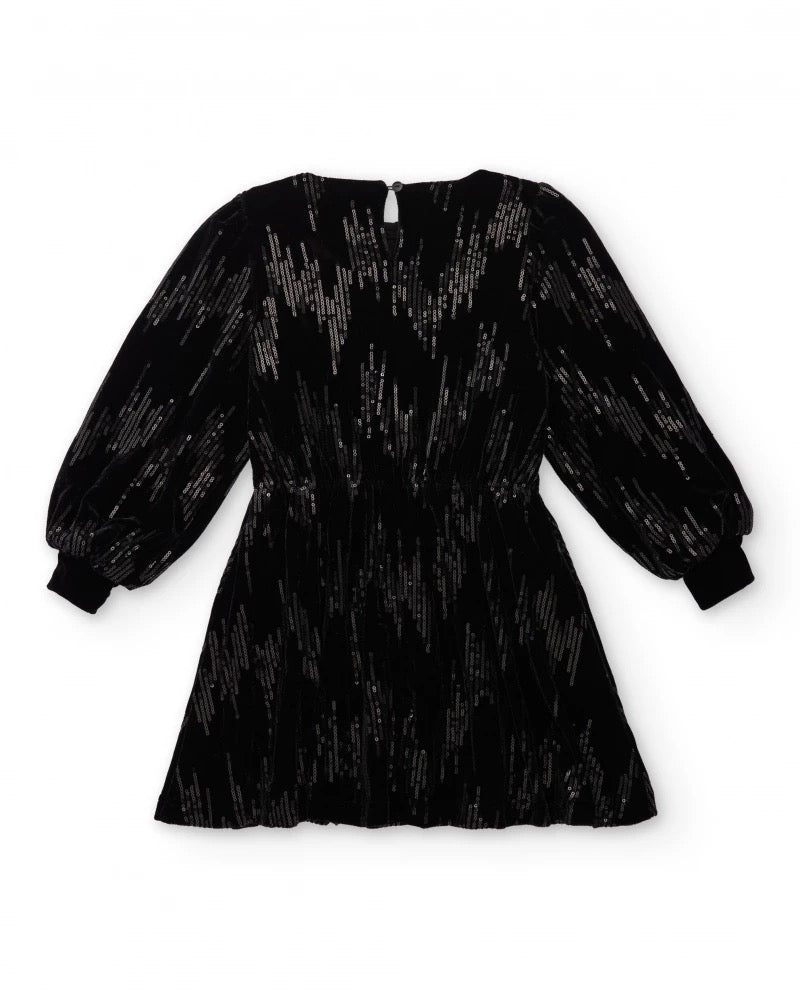 Girls’ black velvet dress with sequins and long sleeves