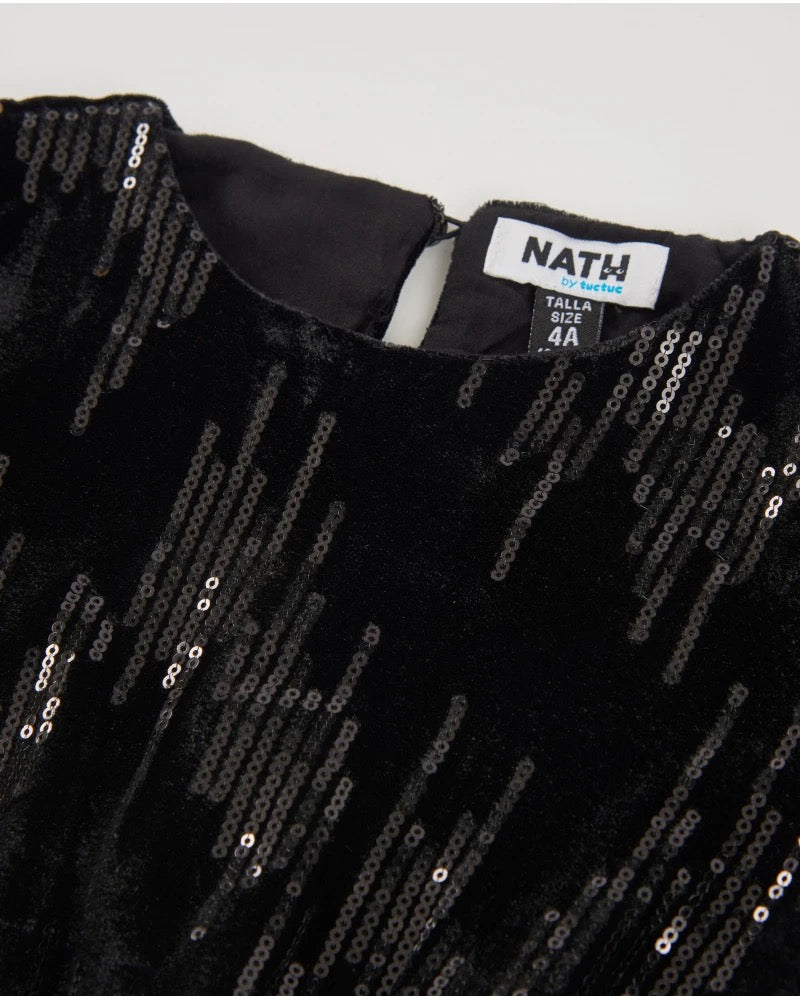 Girls’ black velvet dress with sequins and long sleeves