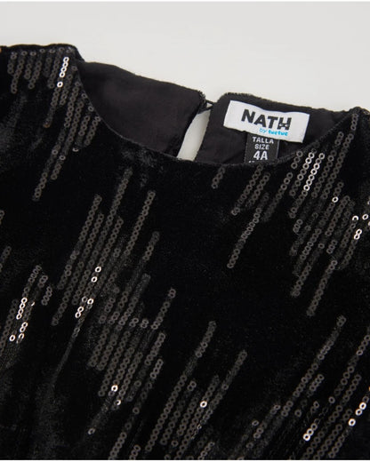 Girls’ black velvet dress with sequins and long sleeves