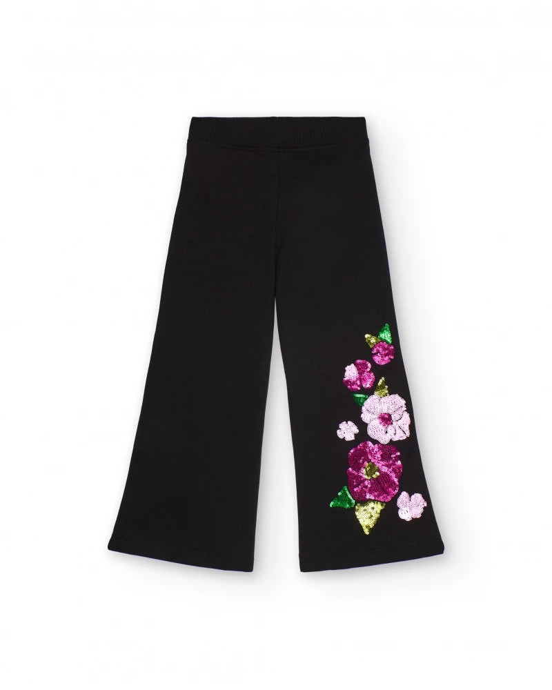 Black pants for girls with sequin floral appliqués