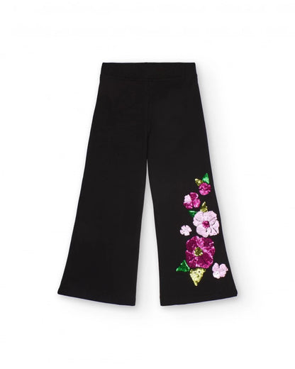 Black pants for girls with sequin floral appliqués