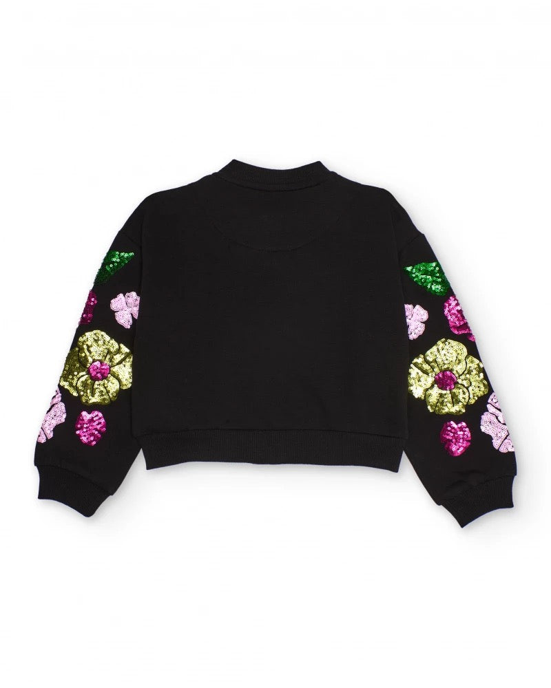 Black jacket for girls with sequin flowers on the sleeves