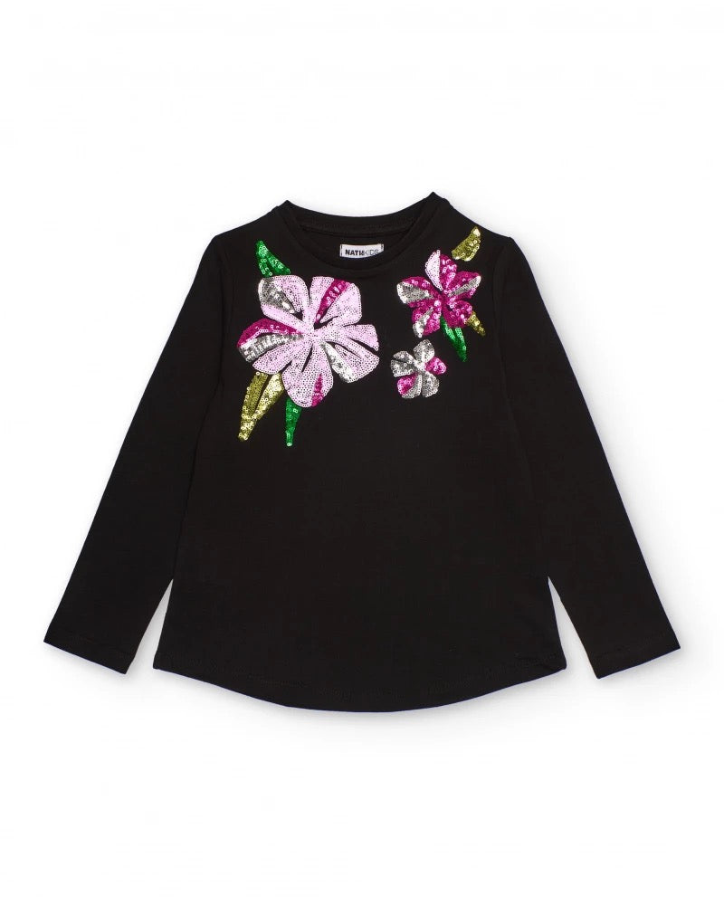 Black long-sleeve t-shirt with sequin flowers for girls