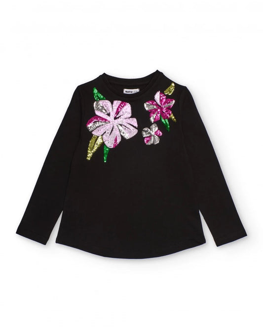Black long-sleeve t-shirt with sequin flowers for girls