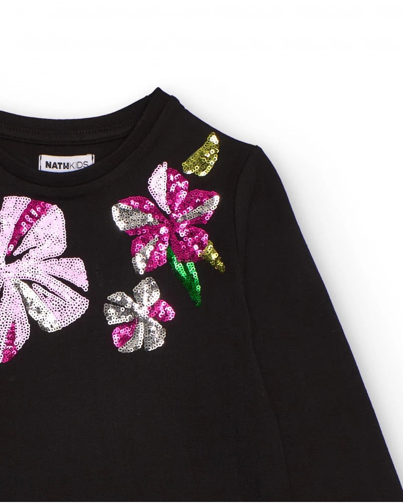 Black long-sleeve t-shirt with sequin flowers for girls
