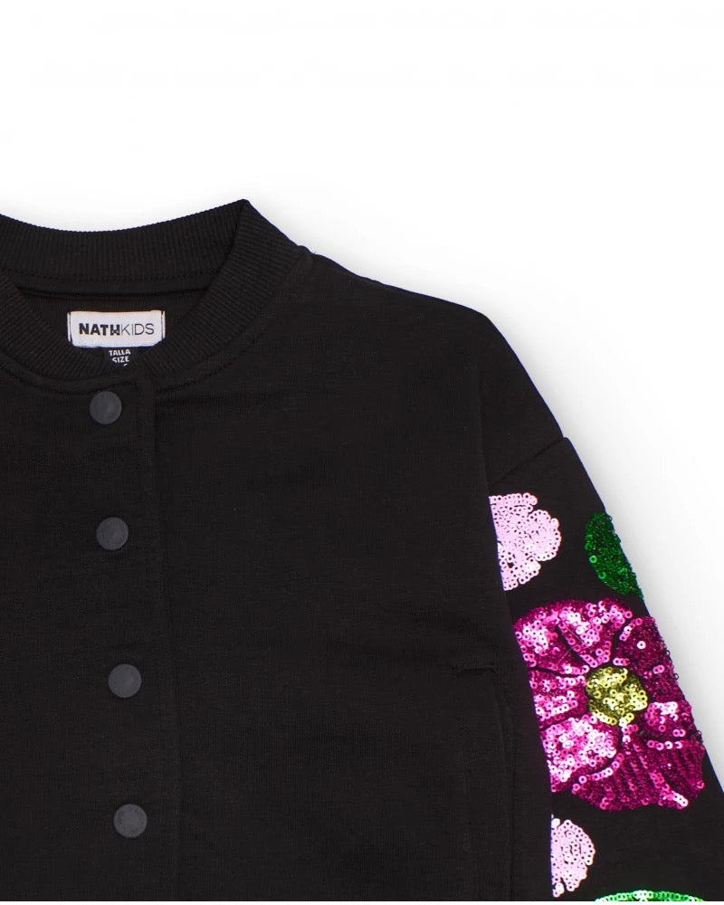 Black jacket for girls with sequin flowers on the sleeves