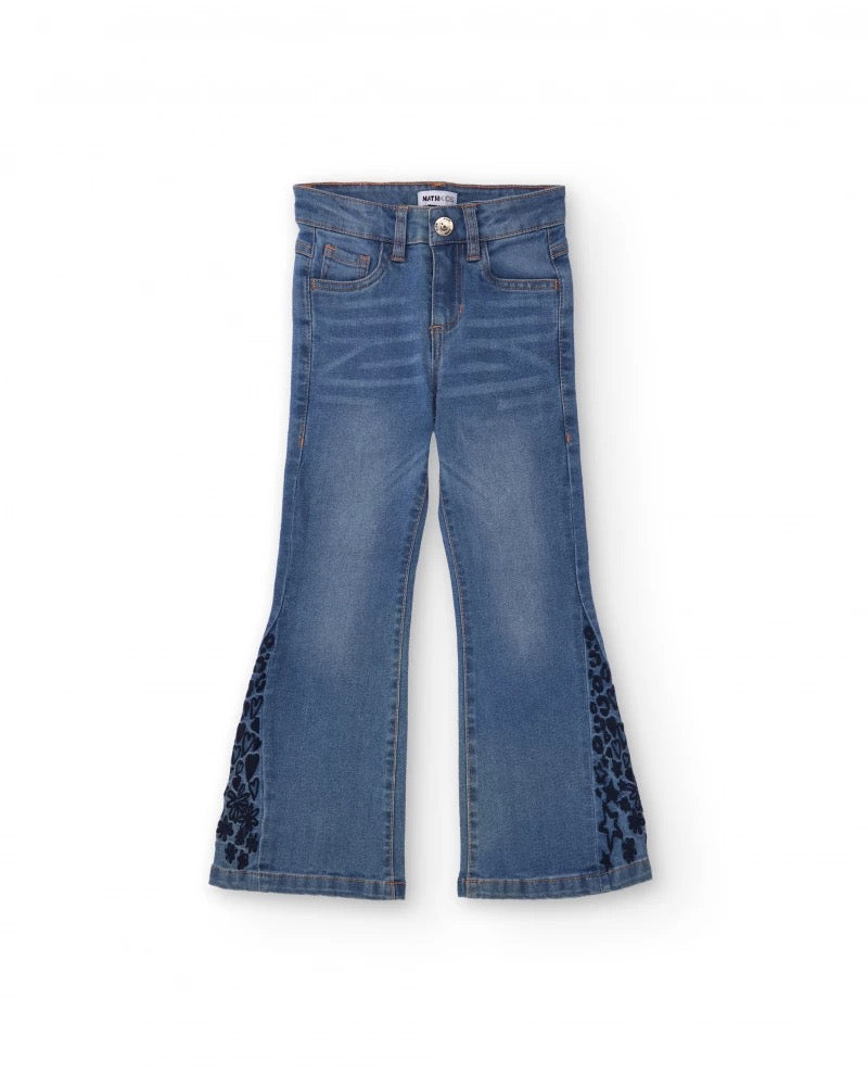 Flared jeans for girls with embroidered detail