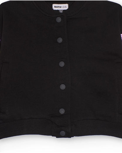Black jacket for girls with sequin flowers on the sleeves