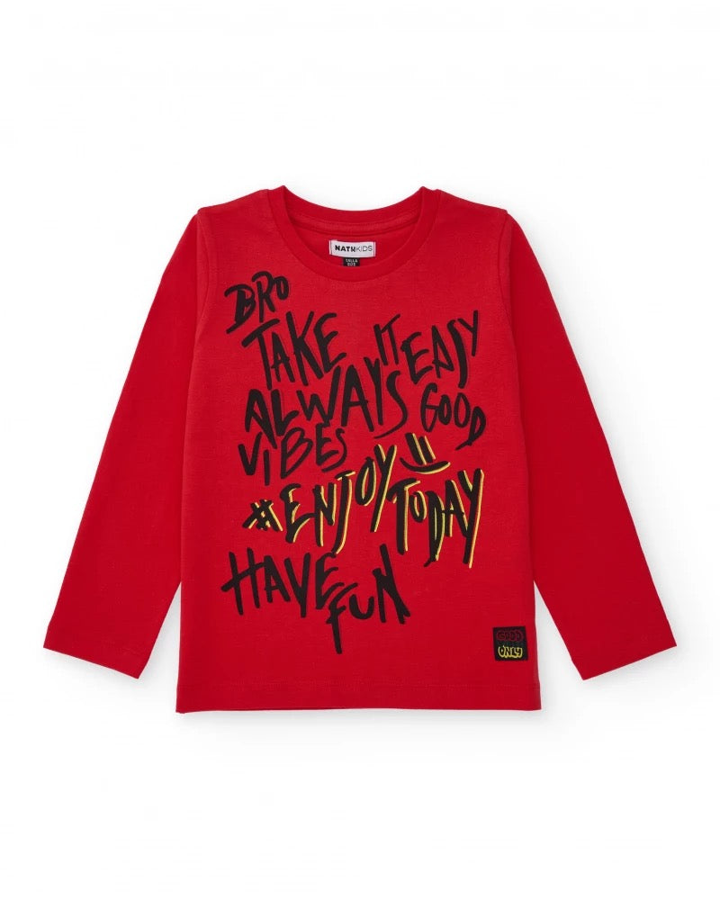 Red long-sleeve t-shirt for boys with graphic message