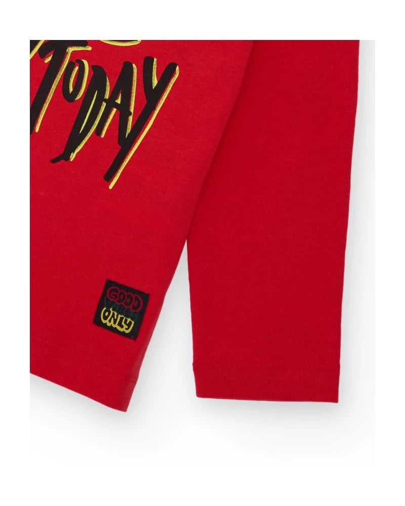 Red long-sleeve t-shirt for boys with graphic message