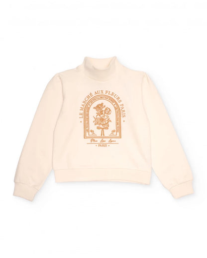 Ivory sweatshirt for girls with high neck and floral print
