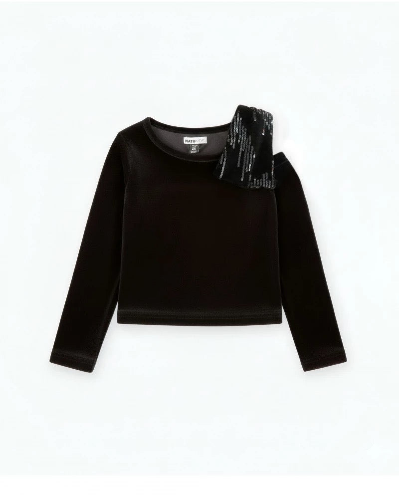 Girls’ velvet blouse with sequin shoulder detail